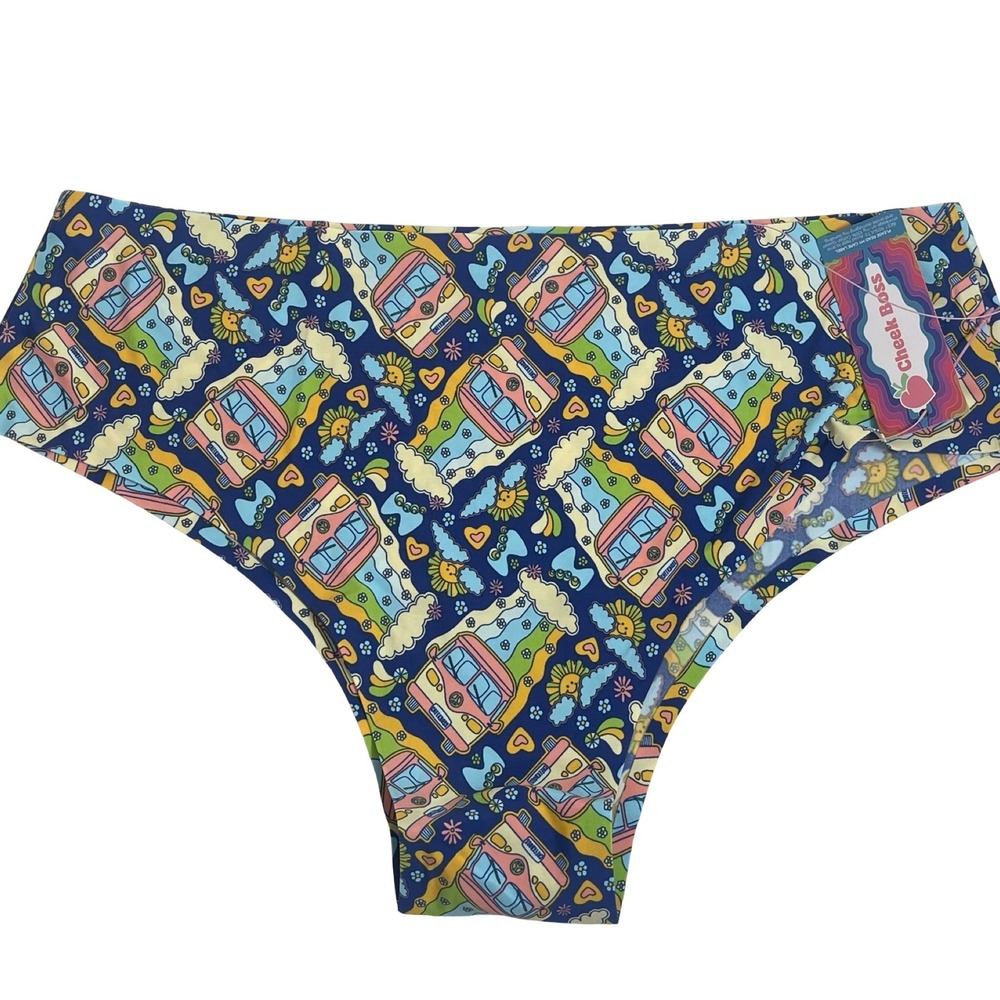 Cheek Boss Panties Women XL Blue Retro Hippie Bus Rainbow Seamless Underwear NEW